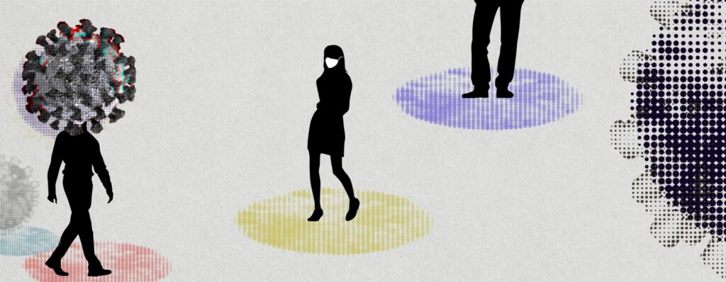 Three silhouettes stand on colored circles, spaced apart. One has a virus-shaped head, another wears a mask. The right side shows a large, pixelated virus shape, suggesting a focus on social distancing and COVID-19.