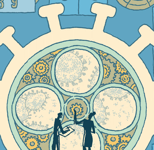 A digital illustration consisting of silhouettes of men and women working on the floor as well as on top of structures to observe a wall with various icons related to COVID-19. At the center is a large simplified icon of the COVID-19 pathogen with 4 circles containing simplified, but more realistic depictions of the virus within them, and drawings of mechanical gears in the negative space between these circles. All around the center of the wall are various icons related to COVID-19.