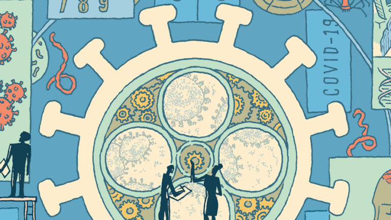 A digital illustration consisting of silhouettes of men and women working on the floor as well as on top of structures to observe a wall with various icons related to COVID-19. At the center is a large simplified icon of the COVID-19 pathogen with 4 circles containing simplified, but more realistic depictions of the virus within them, and drawings of mechanical gears in the negative space between these circles. All around the center of the wall are various icons related to COVID-19.