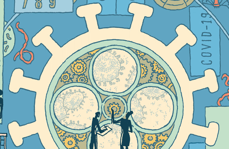 A digital illustration consisting of silhouettes of men and women working on the floor as well as on top of structures to observe a wall with various icons related to COVID-19. At the center is a large simplified icon of the COVID-19 pathogen with 4 circles containing simplified, but more realistic depictions of the virus within them, and drawings of mechanical gears in the negative space between these circles. All around the center of the wall are various icons related to COVID-19.