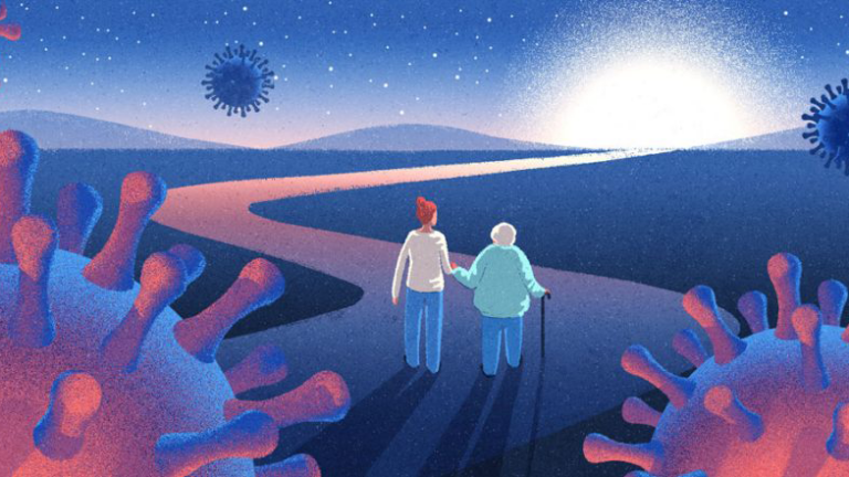 Two people on a path with COVID molecules around them
