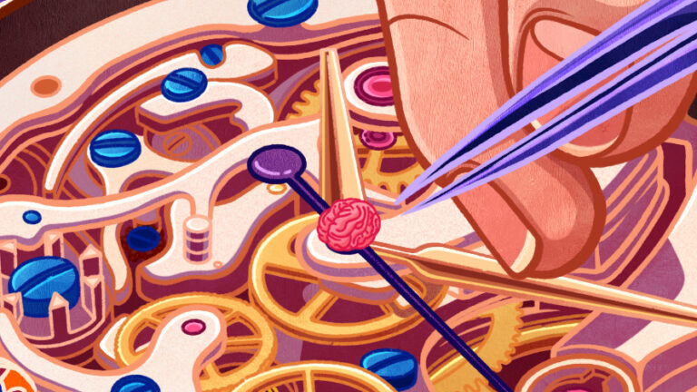 A digital illustration of tweezers in human hands reaching into a clock with its face opened, revealing several layers of gears and other components. The tweezers are poised towards a tiny stylized human brain upon the clock's seconds hand.