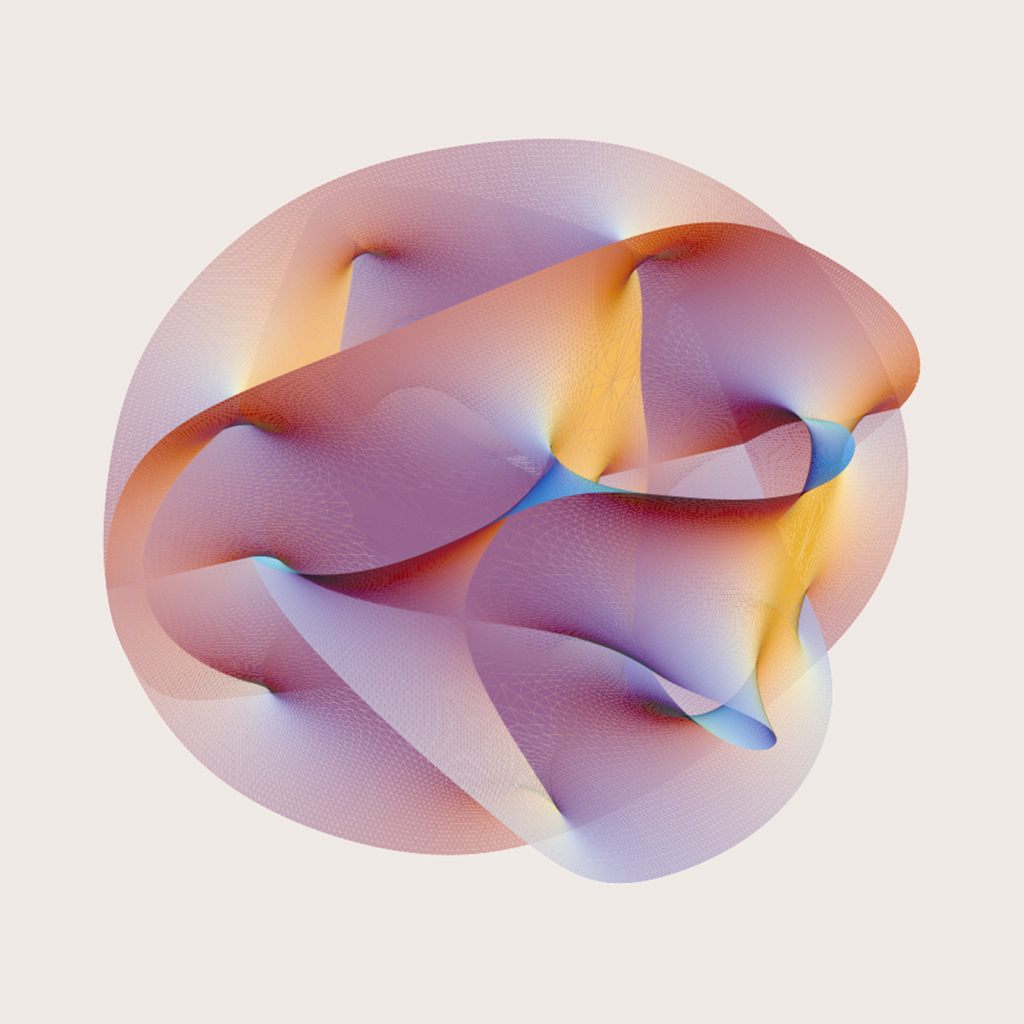 Abstract 3D shape with looping, ribbon-like surfaces in red, orange, blue, and purple hues, forming a colorful, intricate pattern. The figure appears translucent, with soft gradients and a light beige background.