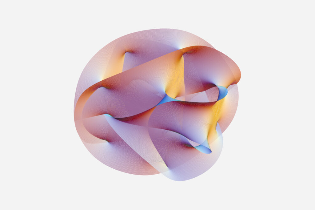 A colorful, abstract 3D surface with smooth, flowing curves and gradients of purple, blue, orange, and yellow, forming a complex knotted shape on a white background.