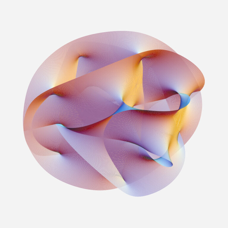 A colorful, abstract 3D surface with smooth, flowing curves and gradients of purple, blue, orange, and yellow, forming a complex knotted shape on a white background.