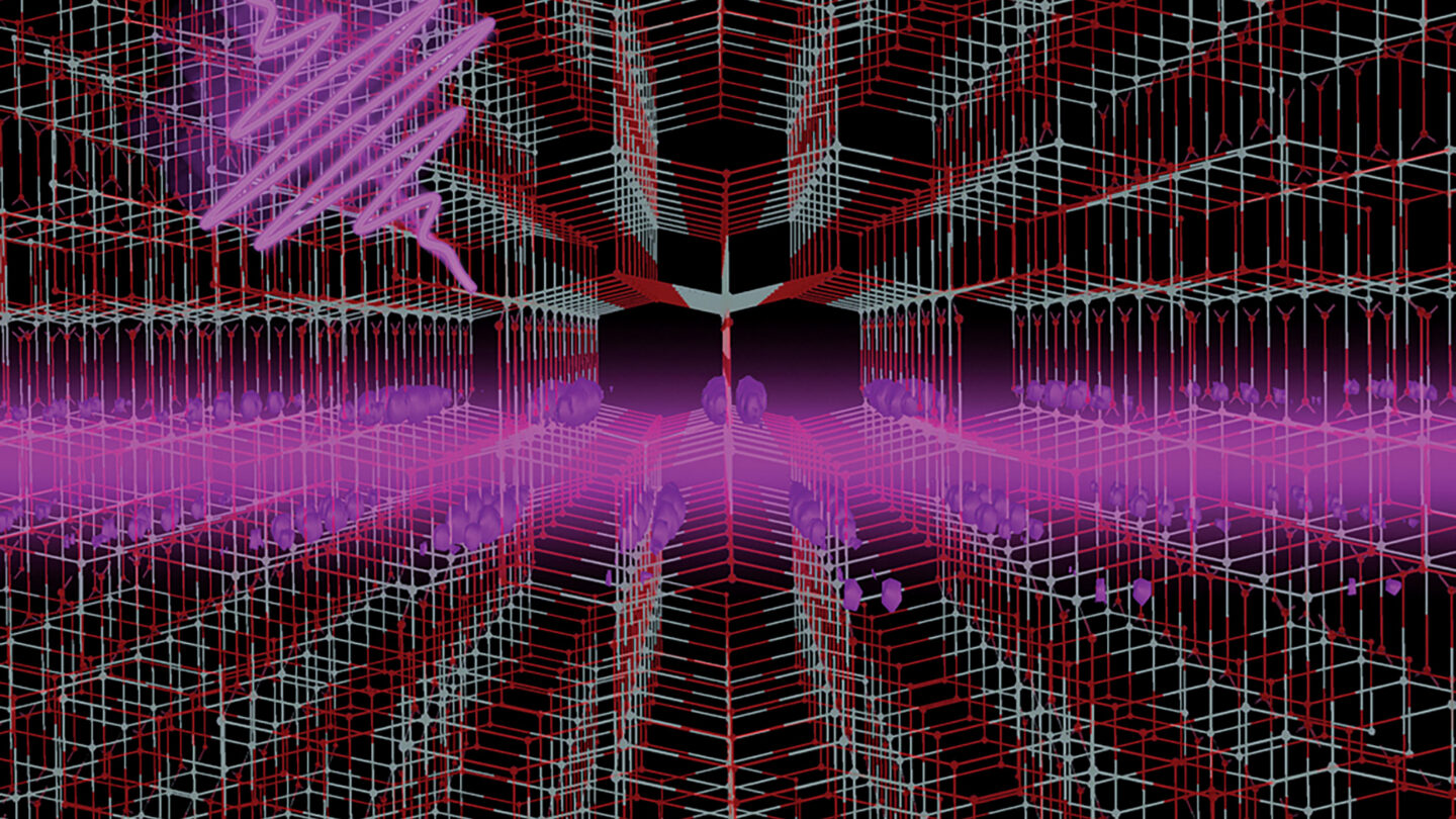 Illustration that shows the lattice structure of anatase titanium dioxide along with a graphic representation (purple) of a 2-D exciton — an electron-hole pair — generated by the absorption of light
