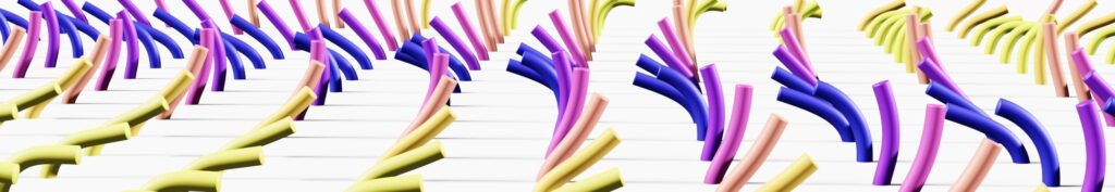 A digital illustration of cell cilia arranged in rows and in different stages of waving in place.