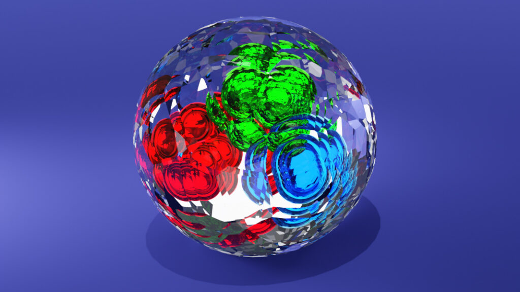 A digital illustration of a faceted crystalline sphere with three colored shapes inside of it.