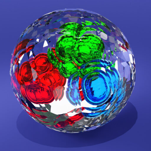 A digital illustration of a faceted crystalline sphere with three colored shapes inside of it.