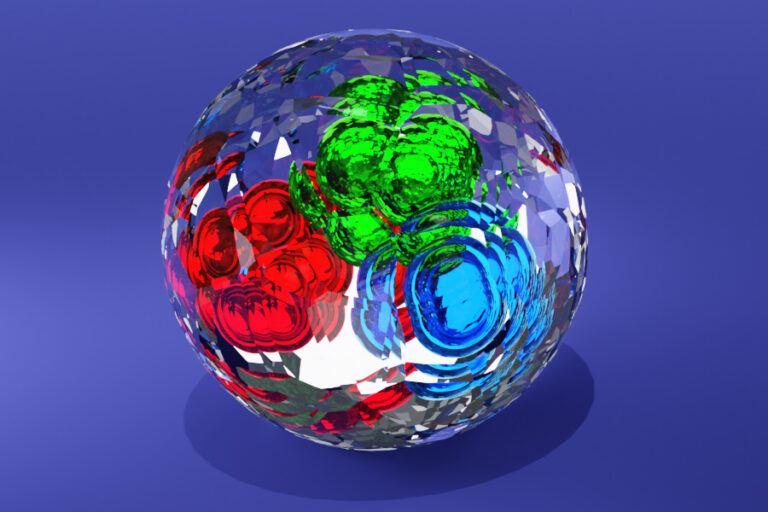A digital illustration of a faceted crystalline sphere with three colored shapes inside of it.