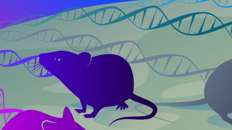 Illustration of mice in various colors walking across a landscape with DNA double helix strands weaving through the scene, and a red sun setting in the background.