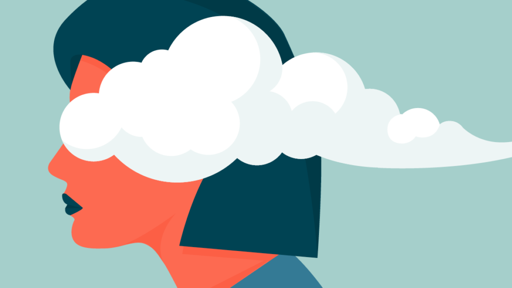 Illustration of a womans side profile with a cloud covering her eyes, symbolizing confusion or unclear thoughts.