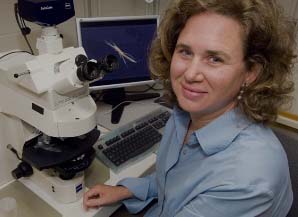 Sonya Dyhrman sitting in front of a microscope
