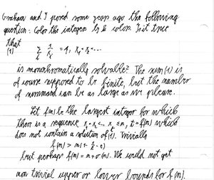 A handwritten math note discusses a question about monochromatic solvability and integer sums, referencing Graham and some equations and sequences. The note includes math expressions and explanatory text written in cursive.