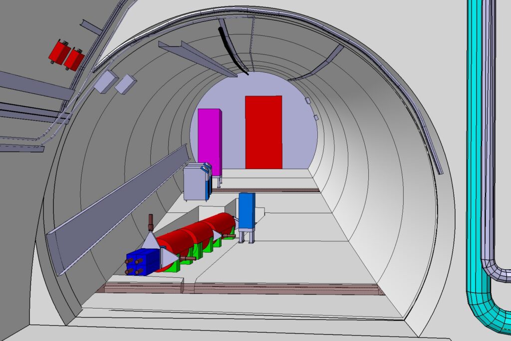 A 3D rendering of the planned FASER experiment at the Large Hadron Collider