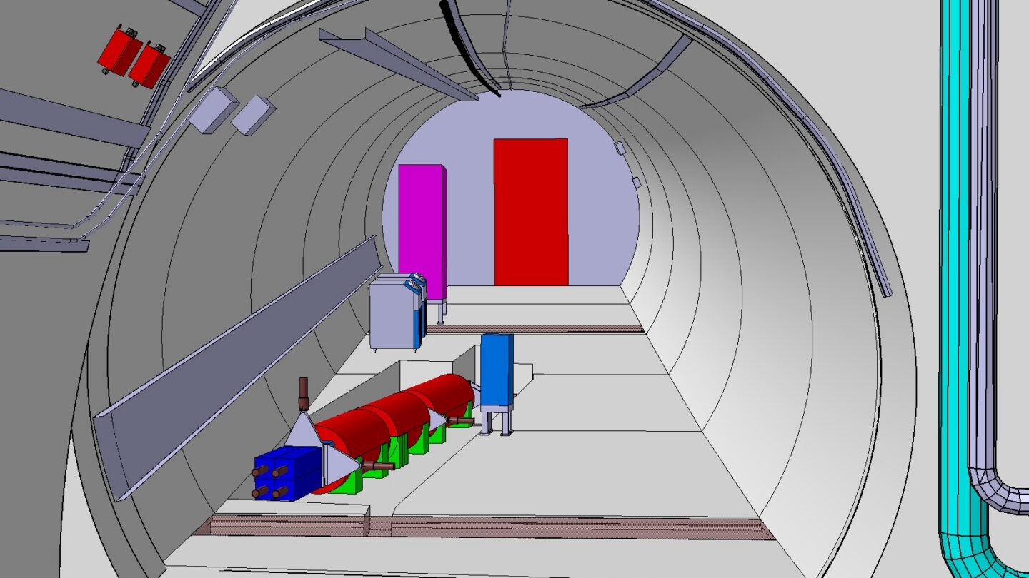 A 3D rendering of the planned FASER experiment at the Large Hadron Collider