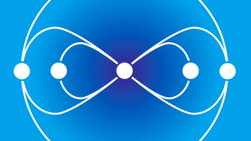 A central white dot connects to four outer dots with curved white lines, forming a symmetrical, abstract pattern on a blue gradient background.