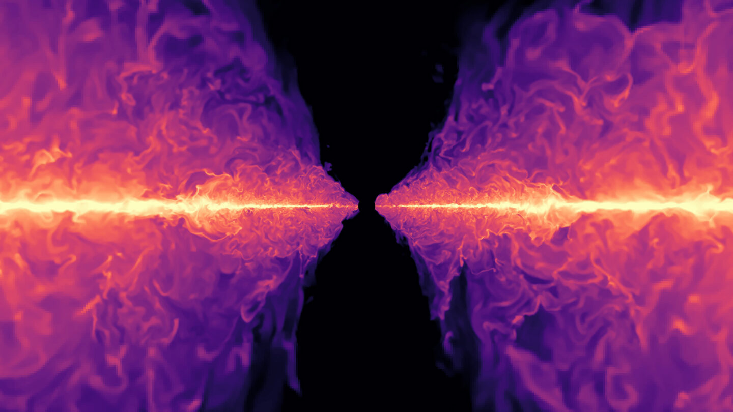 Still from a simulation showing a cross section of an accretion disk around a black hole.