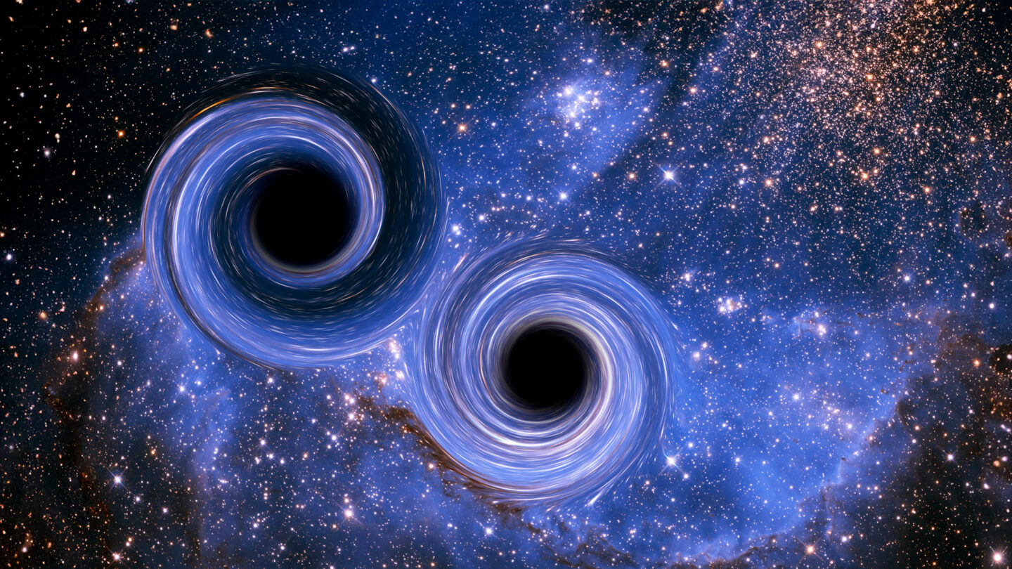 Two black holes in a binary system surrounded by spirals of material.