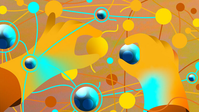 Two illustrated hands interact with floating yellow and blue spheres connected by glowing lines against an abstract, colorful background, suggesting concepts of science, technology, or creativity.