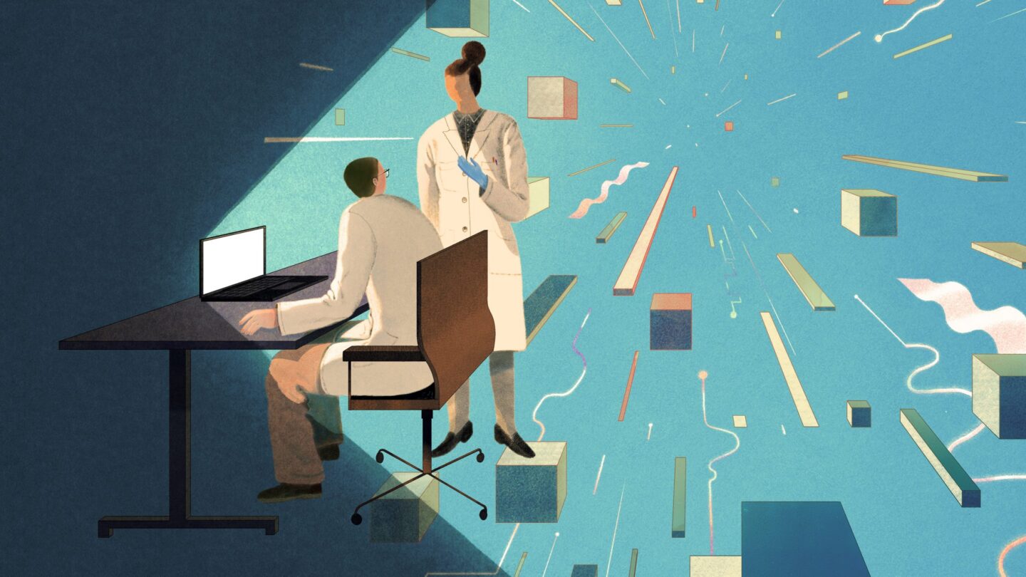 Illustration of researchers working at a computer surrounded by helpful modules and agents, depicted as floating cubes