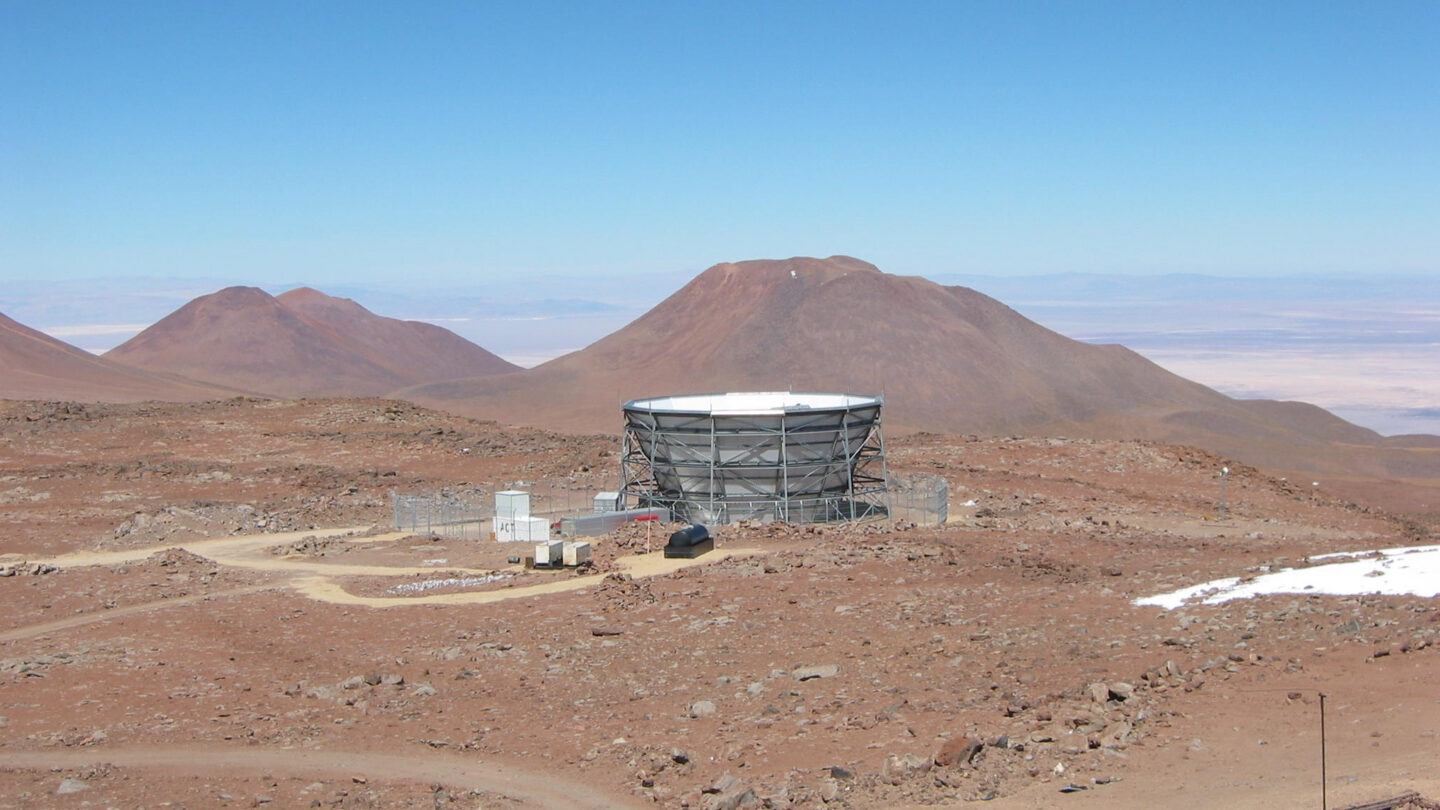A photo of the Atacama Cosmology Telescope in the Atacama Desert in Chile.