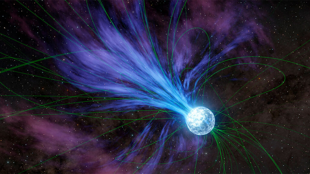 A visualization shows a giant flare erupting from a magnetized star called a magnetar.