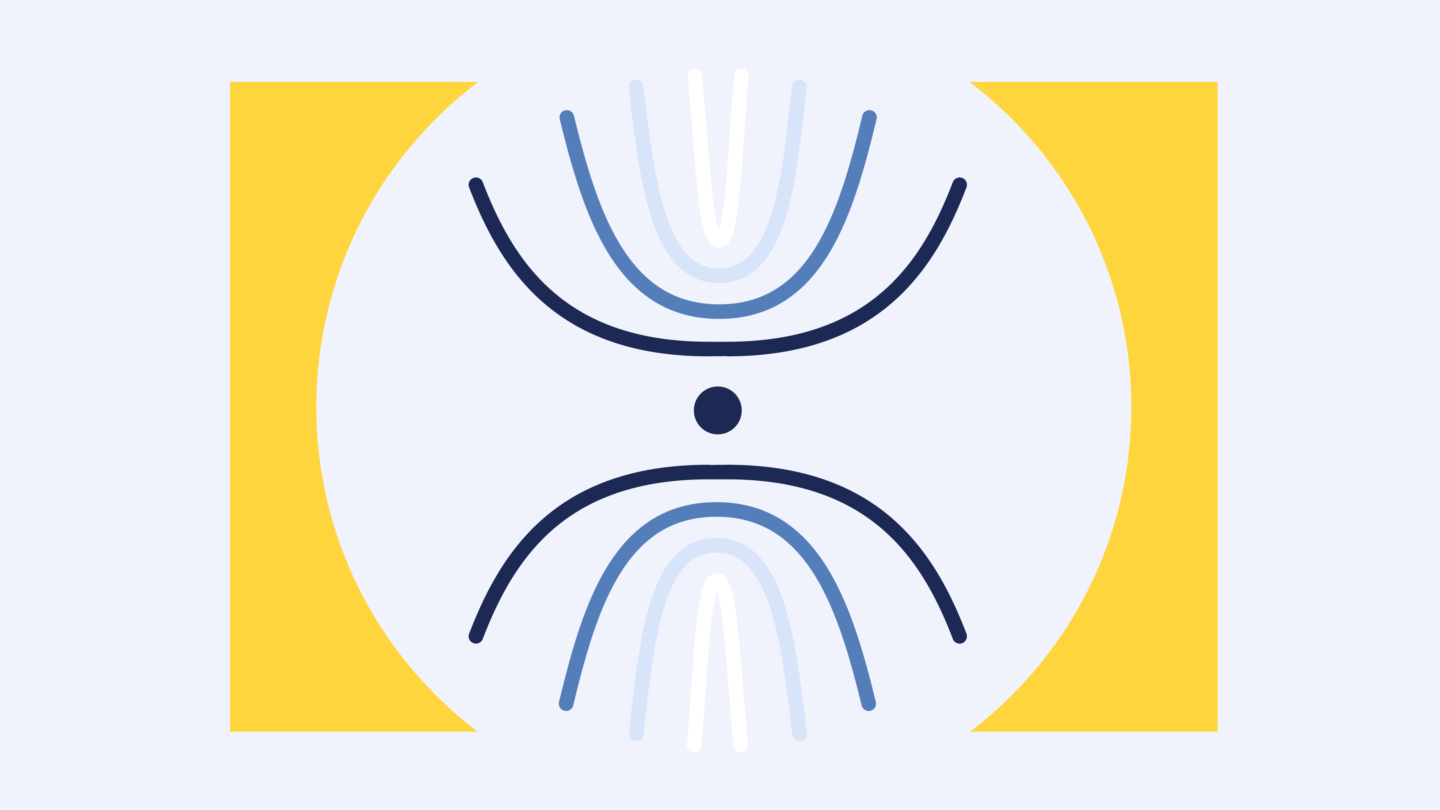 Abstract geometric art with a central black dot, curved blue and white lines forming symmetrical shapes, and yellow rectangles on the sides, all set against a light gray background.