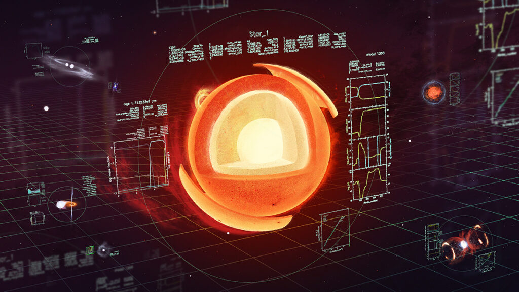 An illustration of a star's cross-section with an overlay of MESA code and charts.