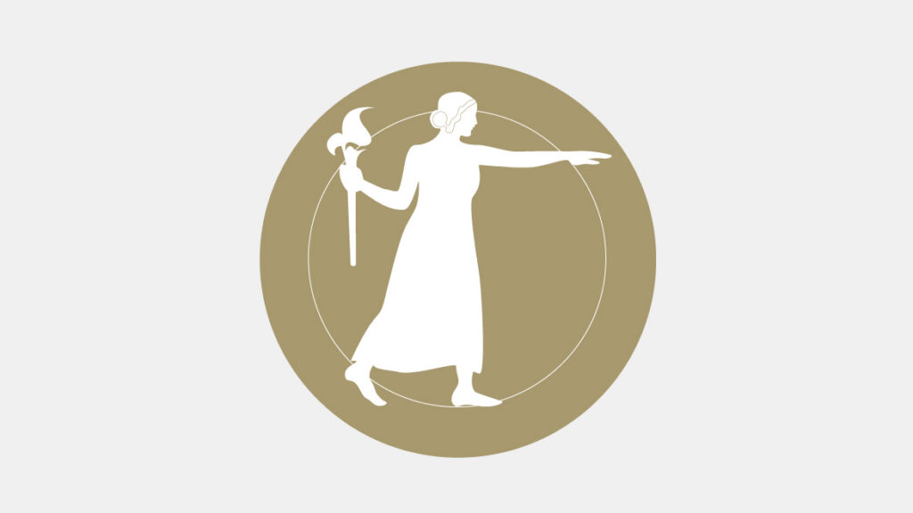 A white silhouette of a woman in a dress holding an axe and pointing forward, set against a gold oval background.