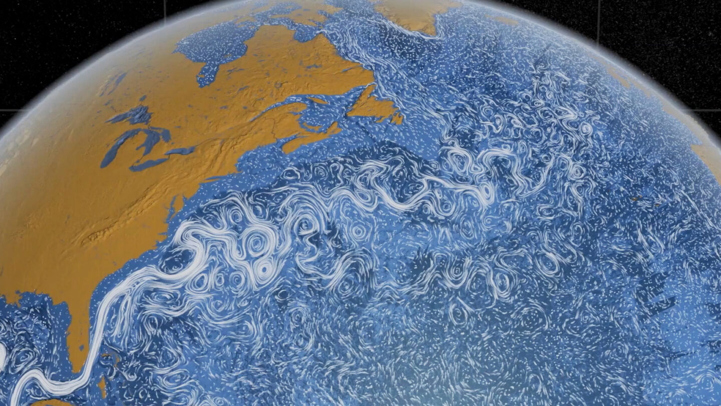 A view of the earth from space showing swirling ocean currents