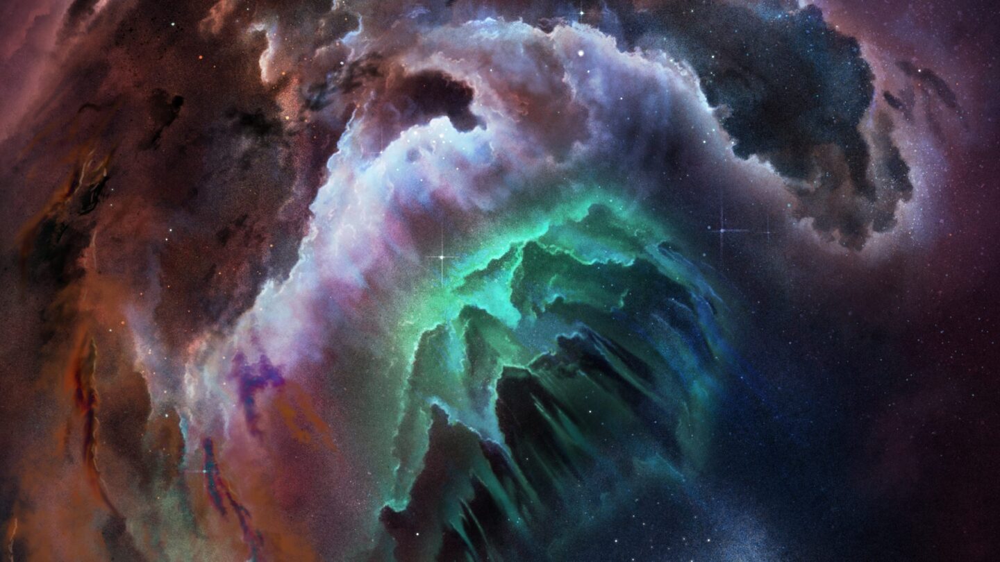 A colorful, swirling cosmic nebula with dark, jagged shapes and glowing green, blue, and purple hues surrounded by distant stars in space.