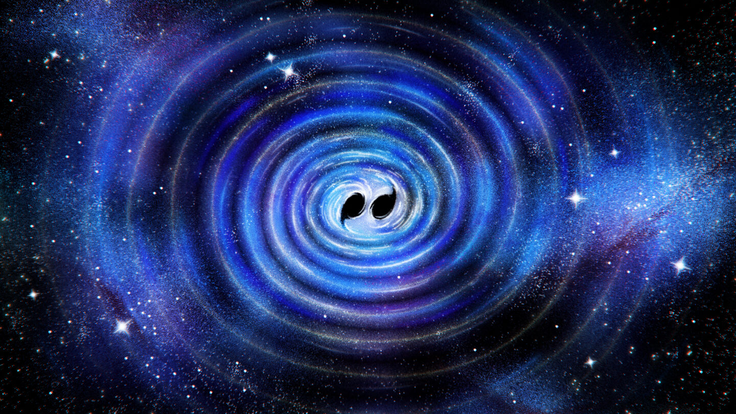 An illustration of gravitational waves from two black holes nearing a merger event.