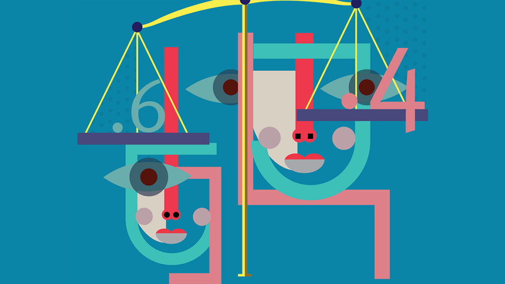 Digital illustration of faces and balances