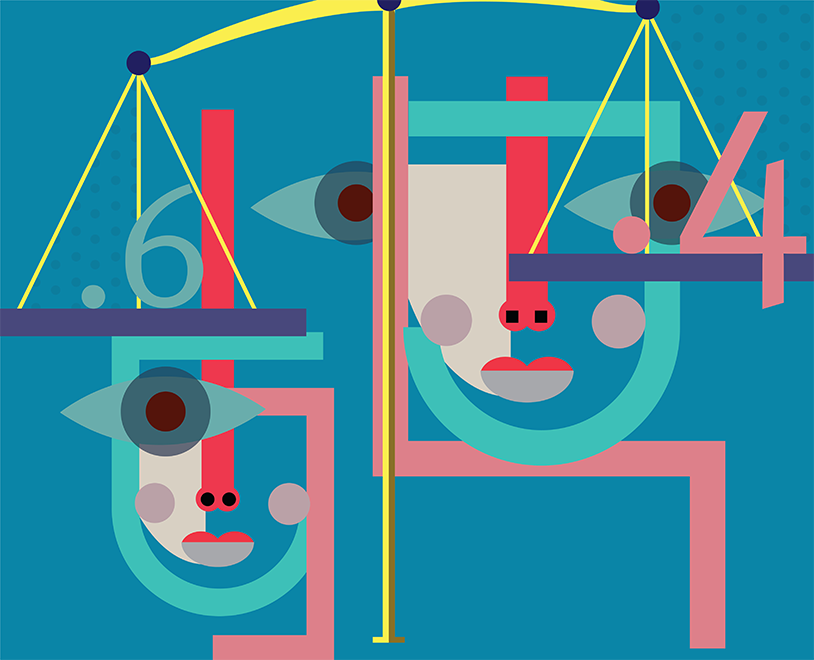 Digital illustration of faces and balances