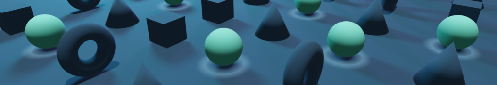 A digital illustration of 3-D models of spheres, cubes, cones, and donuts arranged in a grid.