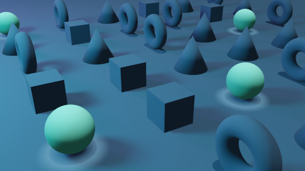 A digital illustration of 3-D models of spheres, cubes, cones, and donuts arranged in a grid.