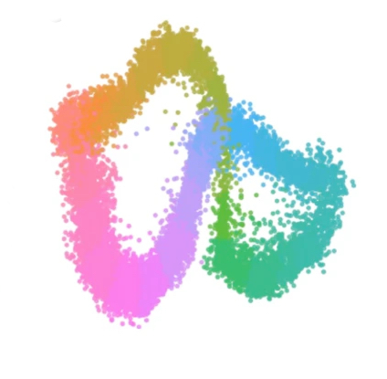 Two colorful, overlapping, abstract loops formed by small dots in pink, orange, yellow, green, cyan, and blue on a white background.