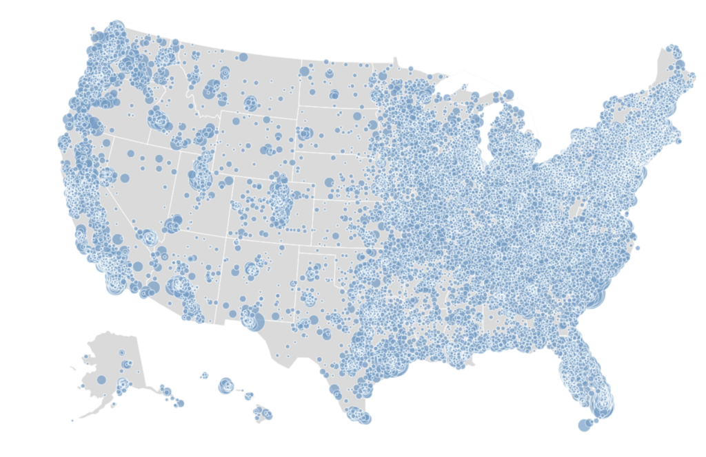 A map of the United States with numerous blue circles of varying sizes spread across the country, indicating the distribution and density of data points or locations nationwide.