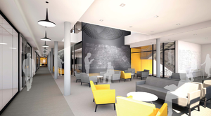 Modern lobby with gray and yellow chairs, round tables, and silhouettes of people. Bright lighting, glass walls, and a large chalkboard accent wall create an open, inviting atmosphere.