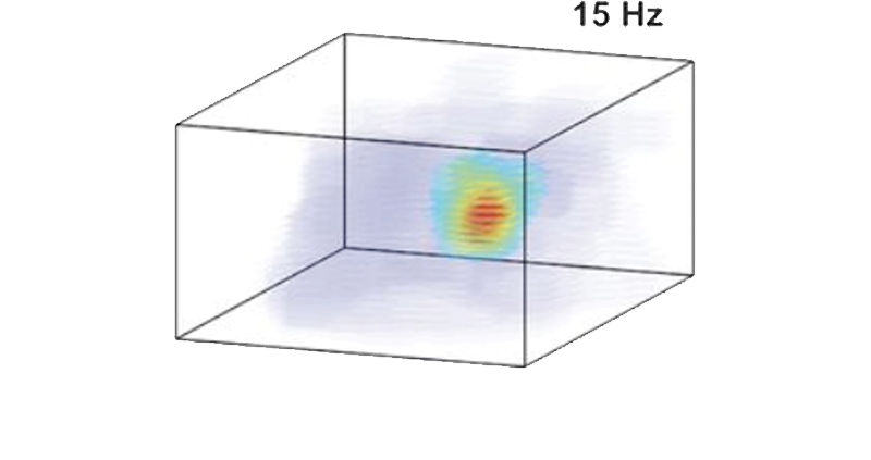 Line drawing of cube with heatmap inside. 15 Hz on the outside