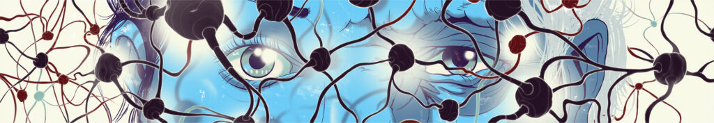 Digital illustration of young eye on the left, aged eye on the right with nuerons laid on top