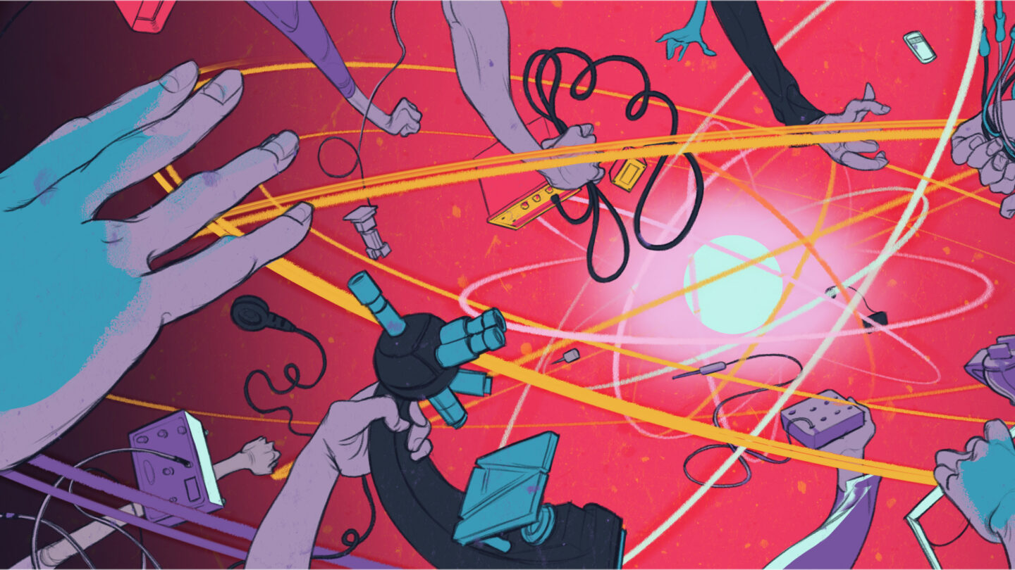 Digital illustration of people grabbing scopes