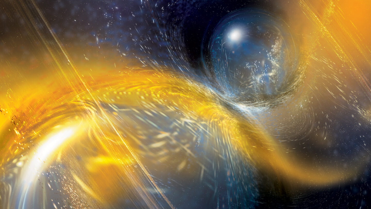 An illustration of two neutron stars in the process of merging. Gold surrounds the two objects.