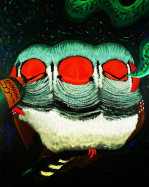 A surreal illustration of three red-eyed, white-faced creatures with musical notes swirling above and a label reading Dopamine in the corner. The colors are vivid and the scene is dreamlike.