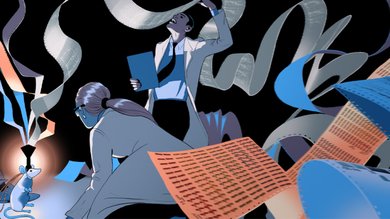 A digital illustration of two scientists observing long scrolls of data emerge from a small device attatched to a rodent's head.