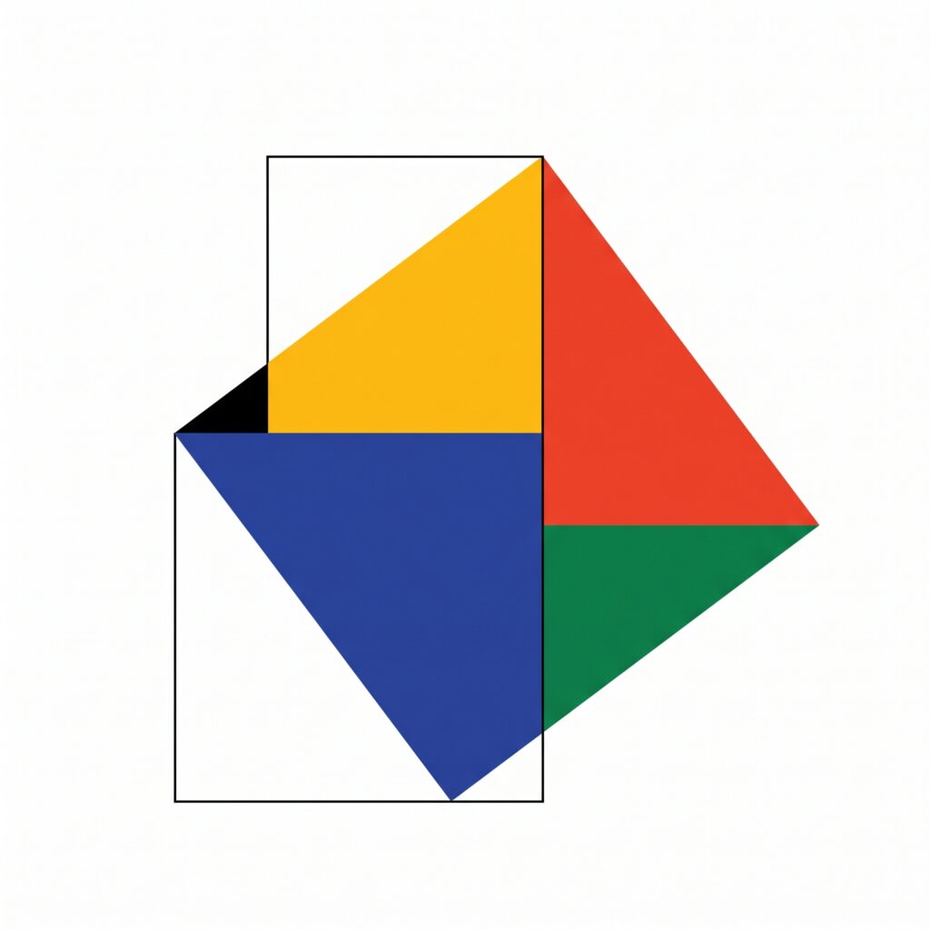 Abstract geometric composition featuring a white rectangle partially overlaid with yellow, red, blue, and green triangles.