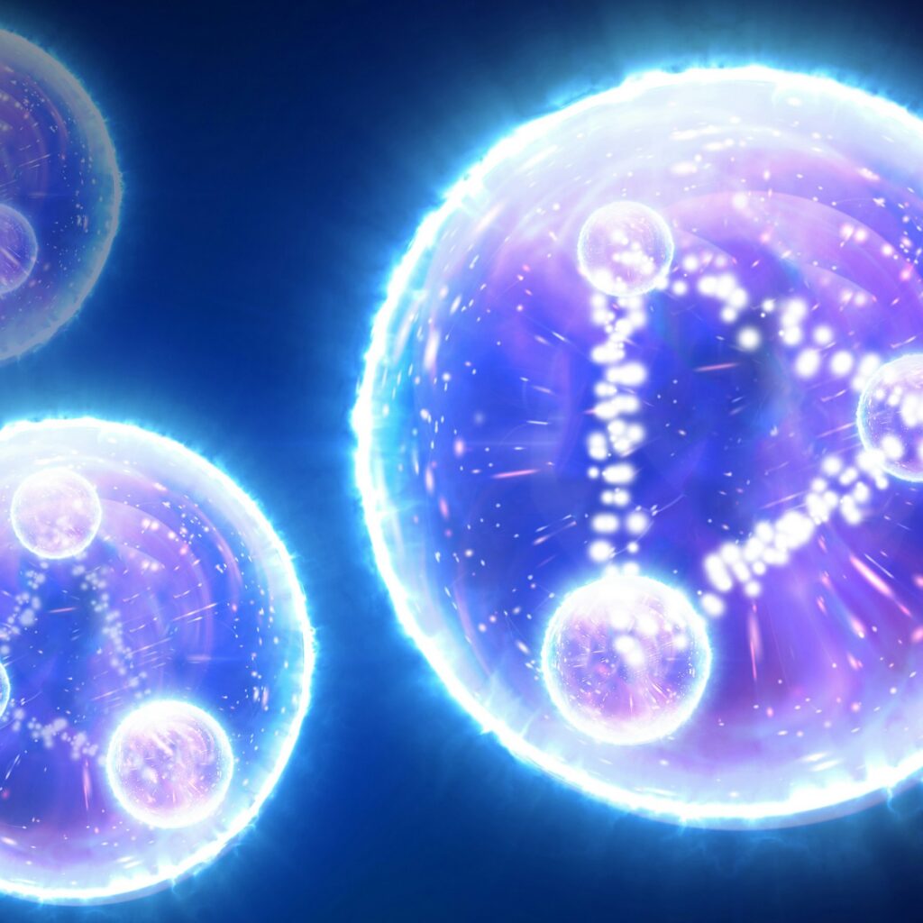 A digital illustration of three spherical objects. Two of the objects have each within them three smaller spheres arranged in a triangular shape and connected by lines made up of smaller orbs. One of the objects has two smaller spheres connected by a line of smaller orbs. All of the objects appear to be glowing and have within them a galaxy-like design.