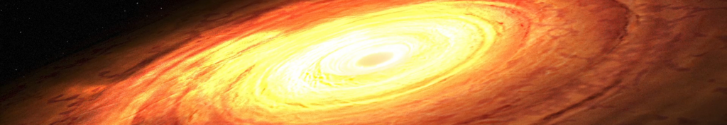 A screenshot of an animation that shows an artist’s impression of an accretion disk rotating around a central unseen supermassive black hole (SMBH). The overall image looks like a gigantic circle in space with concentric 