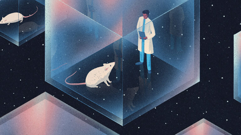 Illustration of mice and scientists in boxes.